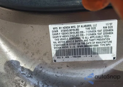 2008 Honda Odyssey Touring z USA, uszkodzony, nr VIN 5FNRL38828B016966